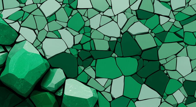 Geometric pattern of fragmented green shapes with dark lines, abstract texture, representing natural formation or fractured surface, suitable for organic design.