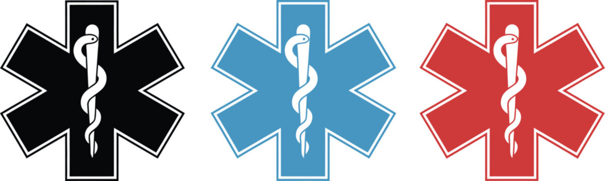 Star of Life EMS icons representing emergency medical services healthcare rescue ambulance and Rod of Asclepius symbols vector