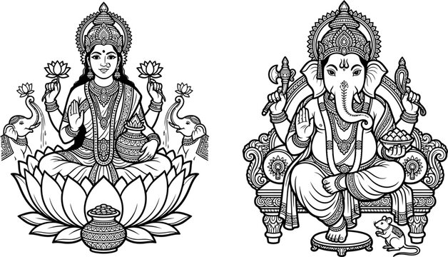 A detailed black and white line art drawing featuring the Hindu deities Lakshmi and Ganesha in a traditional artistic style.