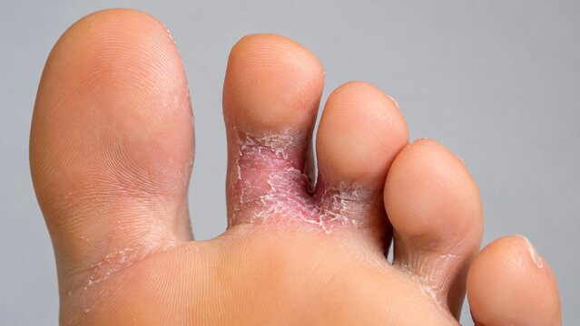 Foot with athlete foot infection between toe. Scaling and peeling skin caused by fungal condition. Medical dermatology concept for podiatry treatment, fungal disease and skin health.