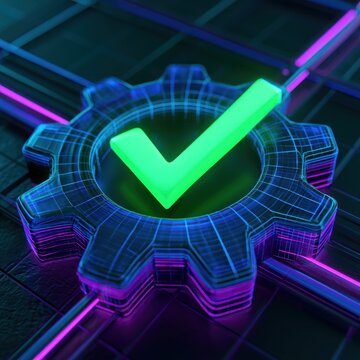 Gear with green checkmark technology and success concept