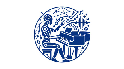 Humanoid robot playing grand piano in a circular frame. © Dipadra