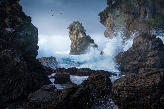 Cliffs and sea stacks at sunset with rocky shoreline
