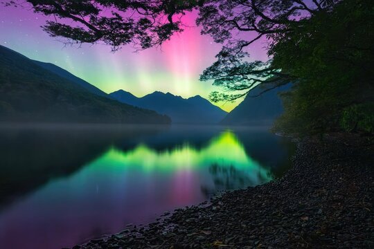 Colorful sunset over mountain lake with trees and reflections