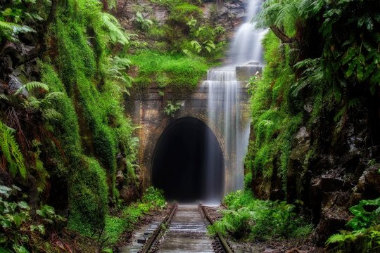 Dark tunnel in green forest with waterfall and rocks