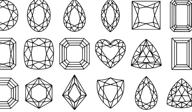 Premium Gemstone Cut Shapes Outline Vector Set with Diamond Emerald Heart Round Octagon Jewelry Line Art