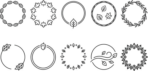 Collection of circular autumn leaf and acorn frames with natural elements isolated on white background © Mdjillur