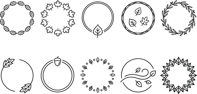 Collection of circular autumn leaf and acorn frames with natural elements isolated on white background