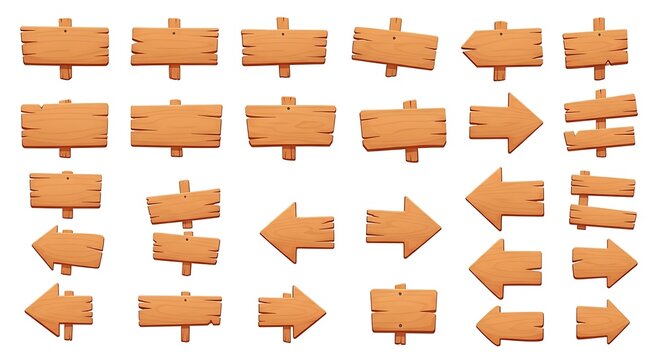 Set of wooden sign boards and directional arrows isolated on white