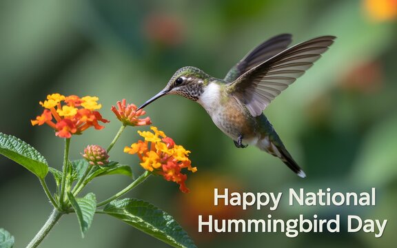 Hummingbird feeding on orange and yellow flowers for National Hummingbird Day nectar