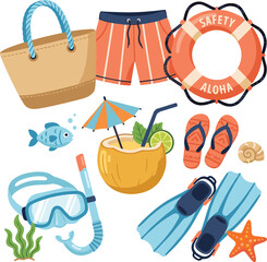 Summer Beach Vacation and Snorkeling Equipment Icon Set with Tropical Coconut Cocktail Swimwear and Lifebuoy Vector Illustration isolated on White Background © MdSaddam