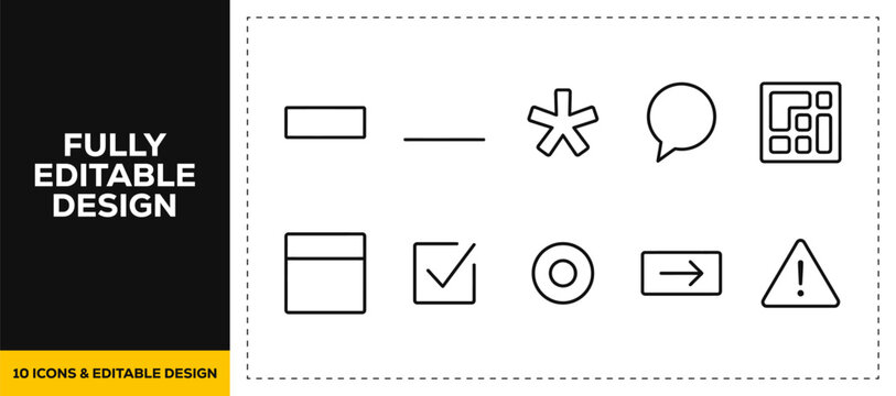 flat vector illustration line art icon bundle set design representing form elements checkbox radio button toggle switch and text input graphics for ui questionnaire