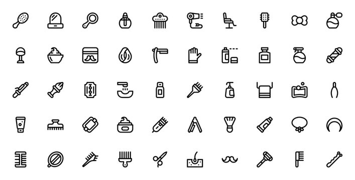 Hairdressing icon set. Salon vector icon pack. Minimalist line icons. Includes symbols for hair brush, mirror, comb, dryer, scissors, razor, shampoo, and more. Editable vector stroke.