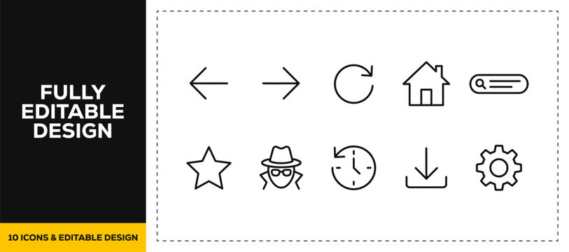 flat vector illustration line art icon bundle set design showcasing action history undo redo refresh clock update and security lock graphics for application systems