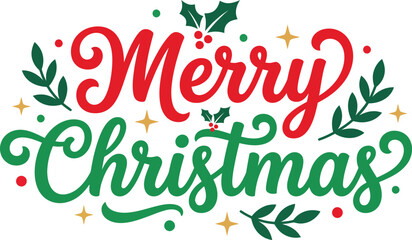 Merry christmas greeting with holly leaves and stars on white background © firoz