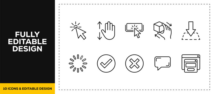 flat vector illustration line art icon bundle set design featuring cursor gestures click drag drop swipe tap and hand movement graphics for interactive touch screen
