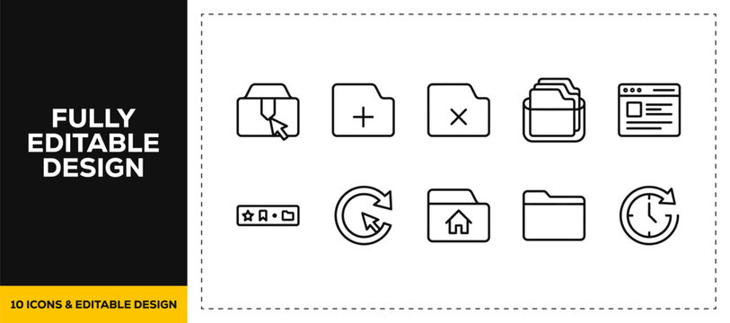 flat vector illustration line art icon bundle set design displaying window management add delete close folder screen refresh and layout graphics for system software