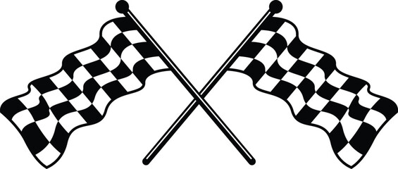 Obraz premium Crossed black and white checkered flags vector illustration with waving texture, isolated silhouette clipart design for motorsport and racing competition championship