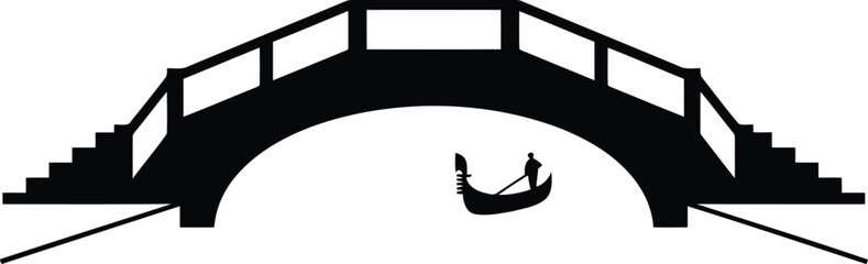 Black silhouette of arched bridge with gondola, minimalist Venice landmark icon isolated on white © Robinson Crusoe
