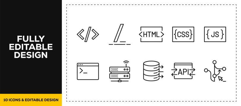 flat vector illustration line art icon bundle set design showcasing web programming html css javascript coding script database and code graphics for developer tools