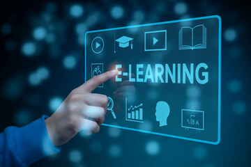 Fototapeta premium Human hand touching virtual e-learning screen with education icons and glowing bokeh background representing digital online knowledge.