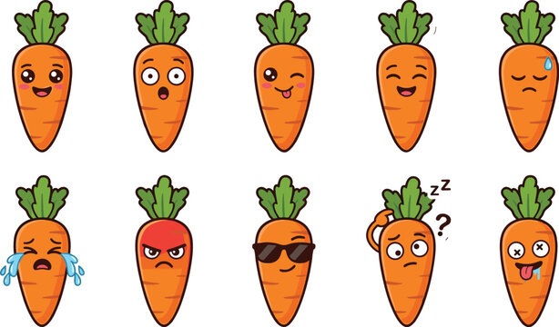 Cute kawaii carrot character collection with funny facial expressions and emotions cartoon vegetable mascot vector illustration isolated on white background