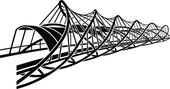 Abstract black and white geometric bridge structure with flowing perspective lines