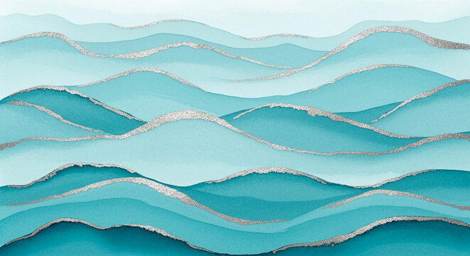 Wavy teal and light blue watercolor layers with textured silver lines, creating an abstract, fluid, and elegant landscape, symbolizing tranquility and artistry