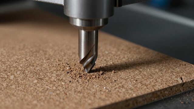 Close-up of a CNC router bit drilling into a textured cork rubber sheet, creating fine debris in an industrial manufacturing environment.