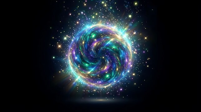 Radiant glowing sphere featuring a swirling nebula core with vibrant blue and purple light particles exploding outwards against a deep dark black velvet space background