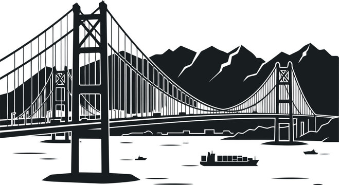 Black and White Suspension Bridge Vector Illustration with Ferry and Mountain Landscape
