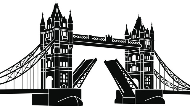Black and White Tower Bridge Silhouette Illustration Isolated on White Background