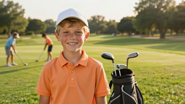 A cheerful young Caucasian boy in an orange polo shirt and white cap smiles directly at the camera while standing on a sunny golf course with equipment nearby.