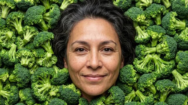 Woman smiling surrounded by fresh broccoli florets, healthy eating concept