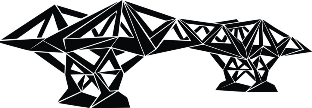 Low Poly Geometric Bridge Silhouette Isolated on White Background, Abstract Black Wireframe Design