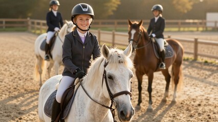 Obraz premium A joyful young girl in formal riding gear smiles at the camera while mounted on a white pony during an outdoor dressage lesson.