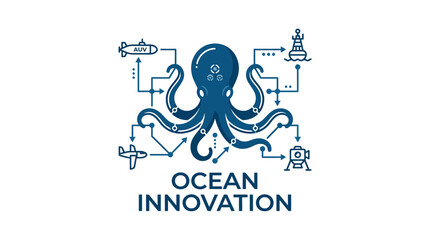 Ocean innovation logo featuring blue octopus and marine technology icons © Wic