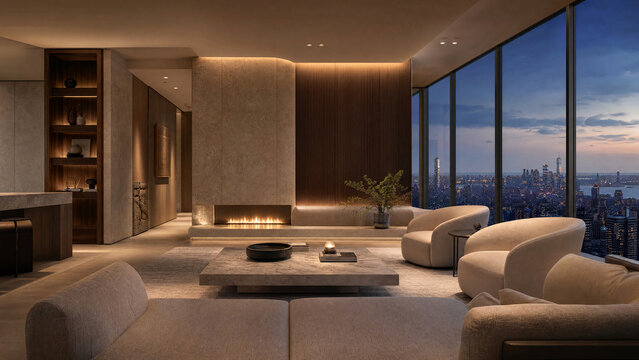 Luxury interior architecture 4k featuring a modern penthouse living room with a linear fireplace, neutral furniture, and floor-to-ceiling windows overlooking a city skyline at dusk.