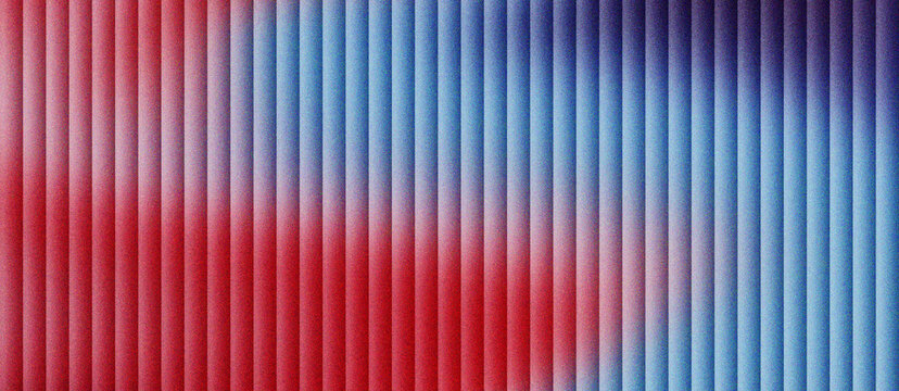 Abstract corrugated metal texture with red and blue gradient lighting. Industrial ribbed steel surface background. Modern metallic wall pattern with colorful neon glow and vertical lines.