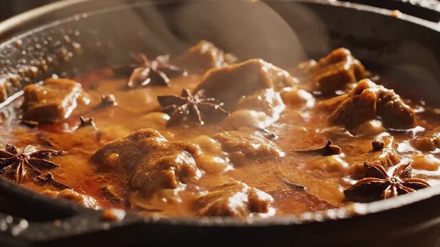 Close-up of authentic Indonesian beef rendang slowly simmering in a rich coconut curry with aromatic spices, natural steam, and cinematic lighting.