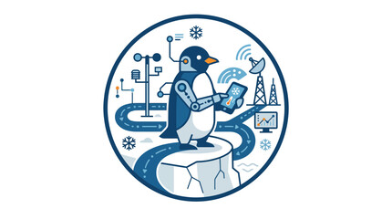 Robot penguin using tablet for arctic weather monitoring sensors © Wic