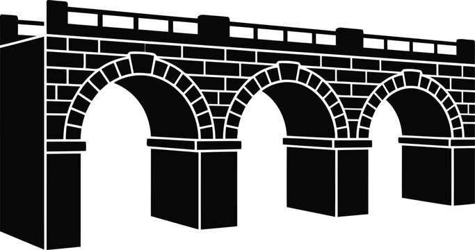 Black Silhouette of Historic Stone Arch Bridge Isolated on White Background, Architectural Landmark Illustration