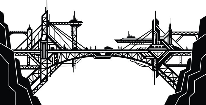 Black and White Suspension Bridge Line Art Illustration with Industrial Architecture and Structural Engineering Design