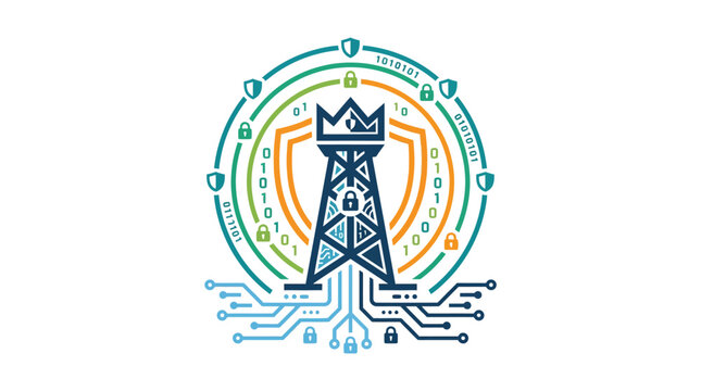 Secure telecommunications icon featuring tower shield and binary code.
