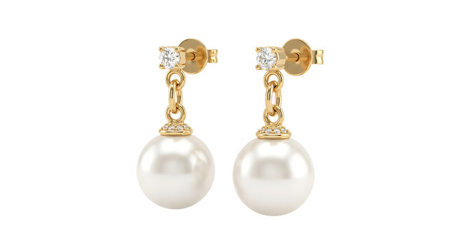 Pair of gold dangle earrings featuring round white pearls and small sparkling clear diamonds on a clean white background
