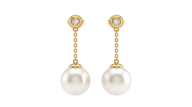 Pair of gold drop earrings with a small diamond stud and a large white pearl pendant, isolated on a white background, jewelry product shot