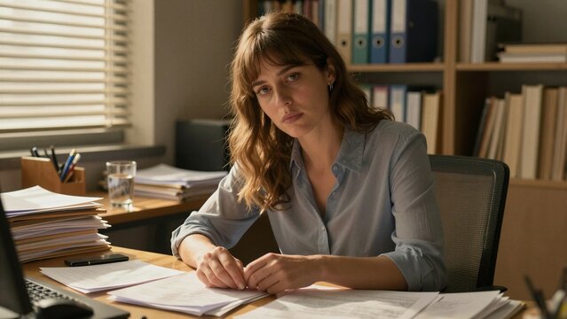 A tired professional woman sits at a cluttered office desk piled with papers, looking exhausted and stressed by her heavy workload.