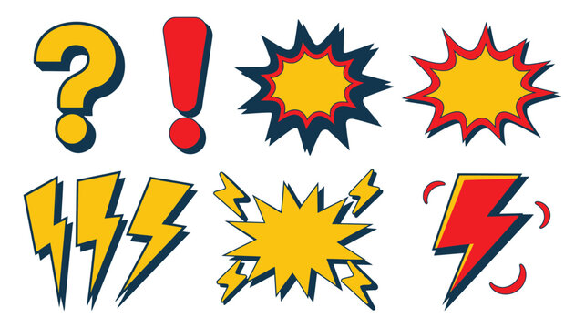 Comic style question mark exclamation mark speech burst and lightning icon collection illustration