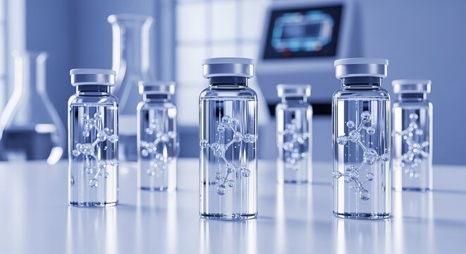Transparent peptide molecules in vials showcasing biotechnology for anti aging skincare solutions
