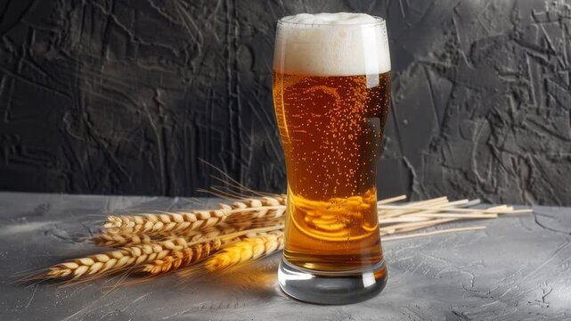 Refreshing golden beer in a tall glass with wheat stalks on a textured surface